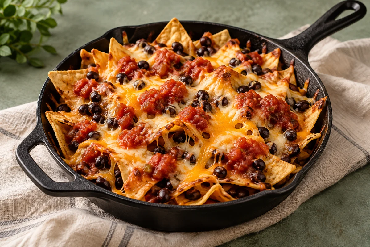 Skillet nachos with melted cheese, beans, and salsa